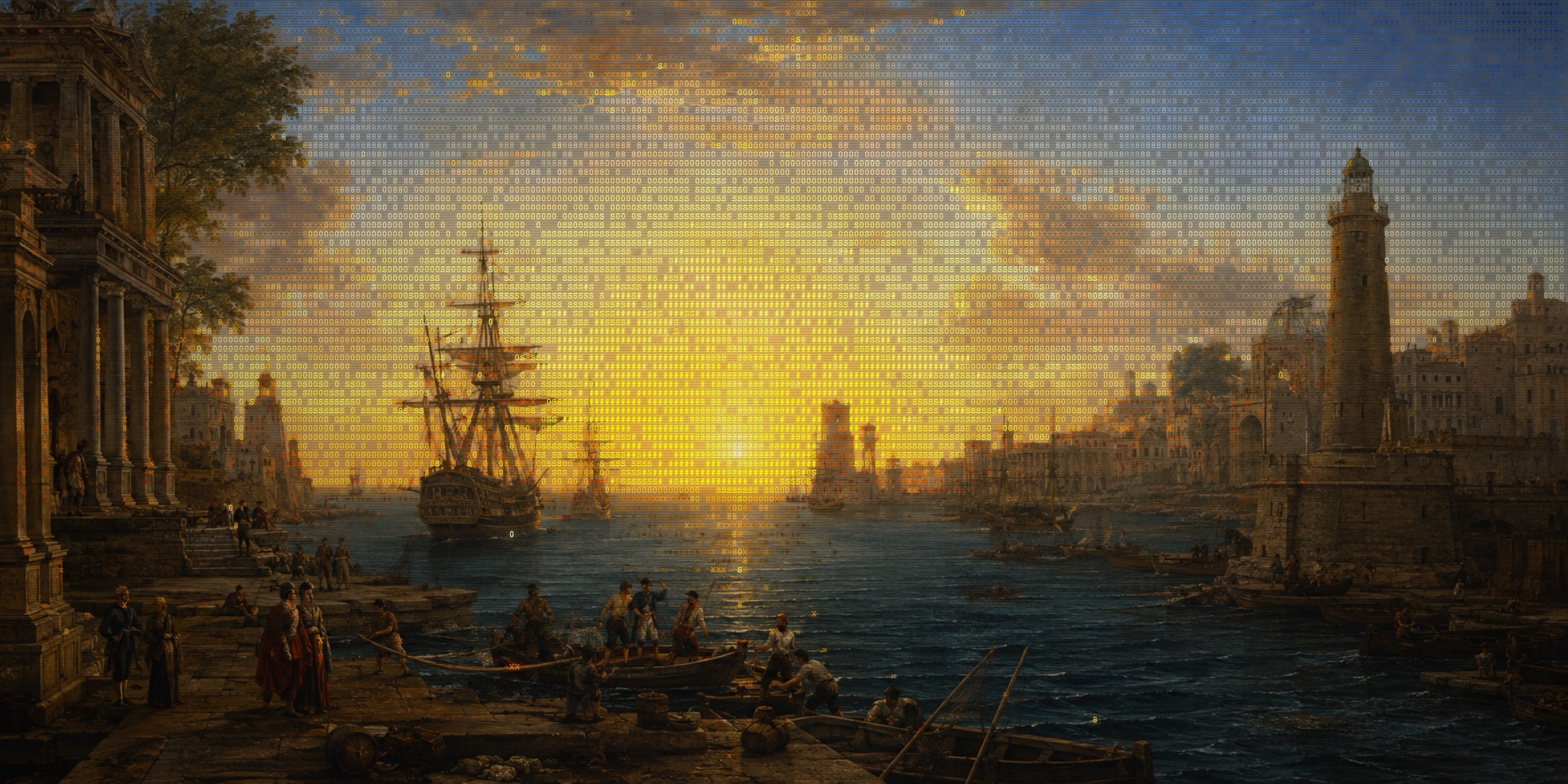 A vast classical seaport at sunset: tall ships in harbor, a lighthouse, a city on the water